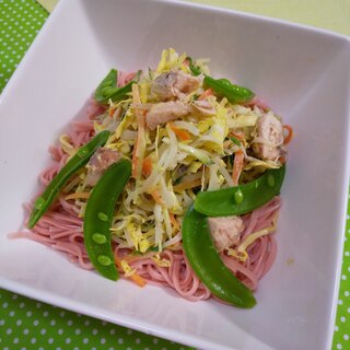 鯖とスナップえんどうの春色ぶっかけ素麺